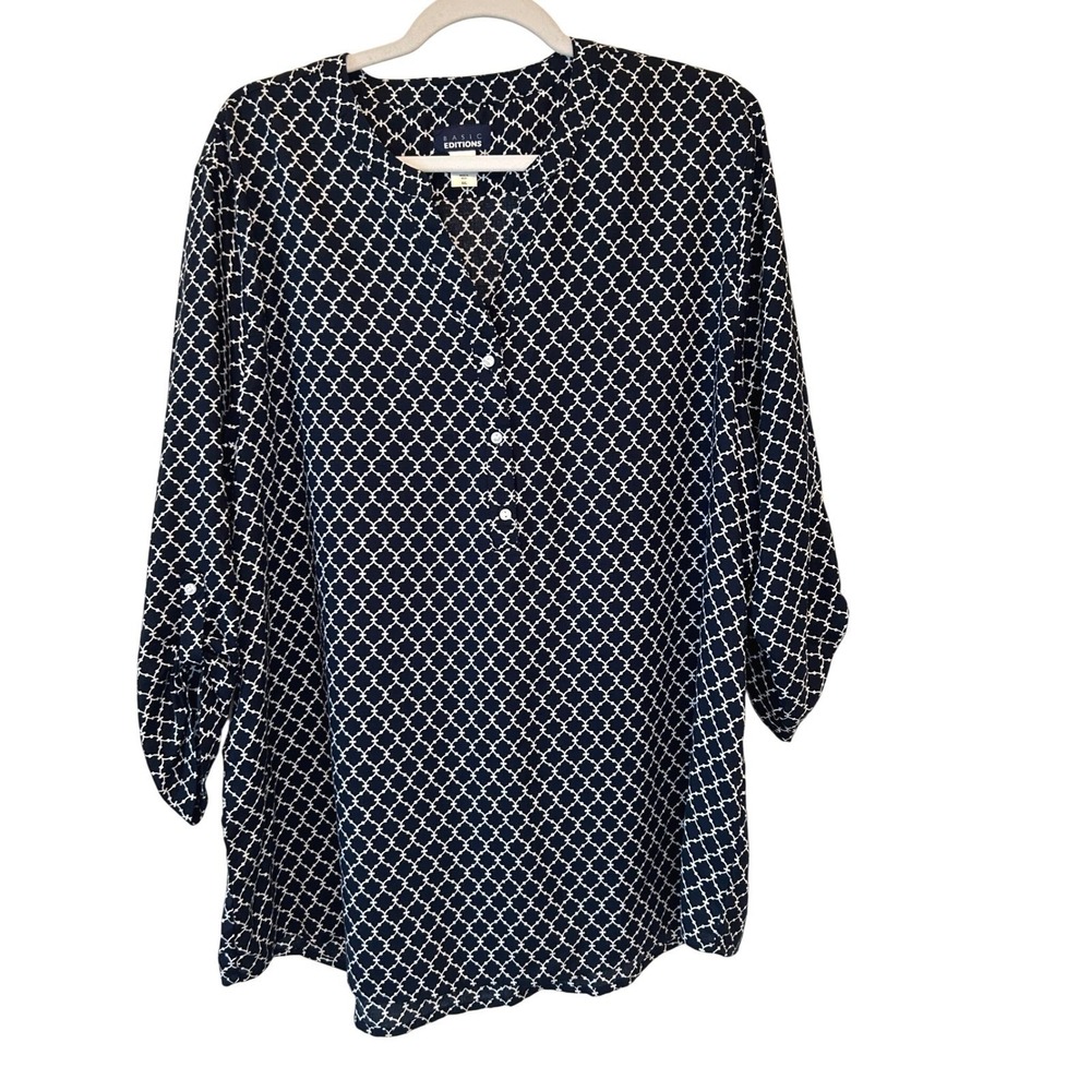 Basic Editions Size XXL Navy White Print Tunic Blouse‎ Top Preppy Old Money